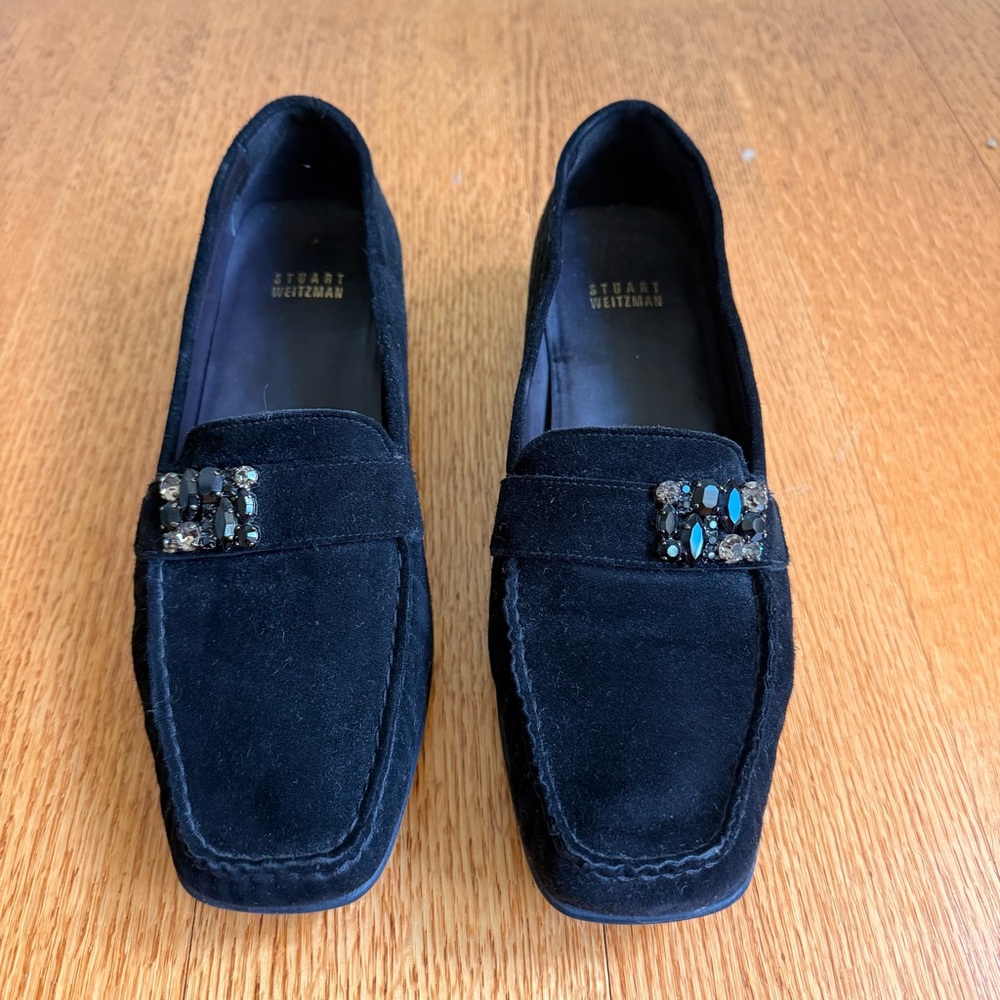 Stuart Weitzman Black Suede Slip-On Loafers with Crystal Gemstone Buckle Detail